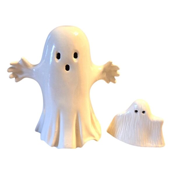 2 Ceramic Ghosts for Halloween Glossy White Fall Vintage - Picture 1 of 6
